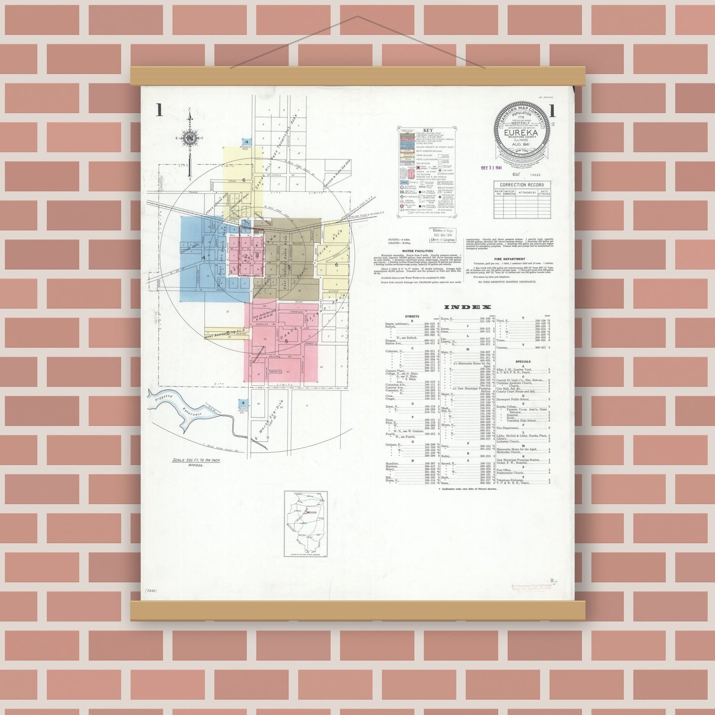 Old map wall art mockup — magnetic wood frame on brick wall — Sanborn Fire Insurance Map from Eureka, Woodford County, Illinois (1941) - Complete Map Set