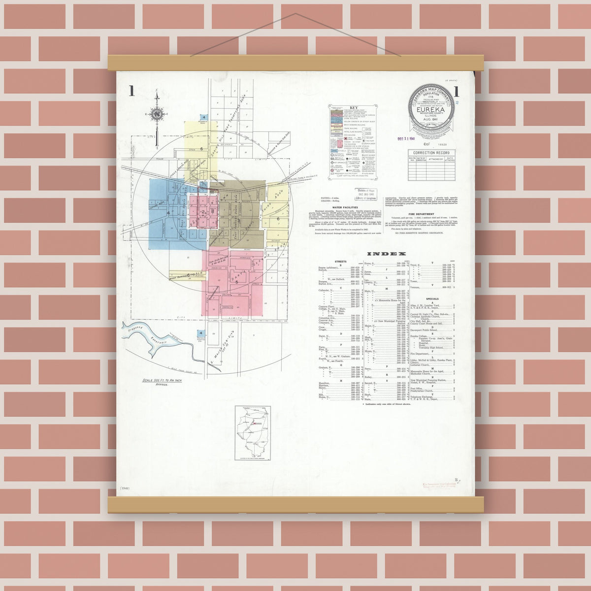 Old map wall art mockup — magnetic wood frame on brick wall — Sanborn Fire Insurance Map from Eureka, Woodford County, Illinois (1941) - Complete Map Set
