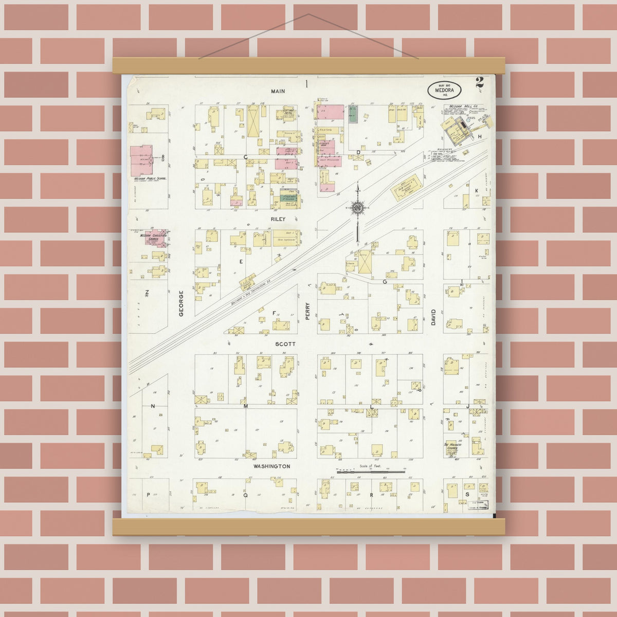 Old map wall art mockup — magnetic wood frame on brick wall — Sanborn Fire Insurance Map from Medora, Jackson County, Indiana (1910), Sheet #0002