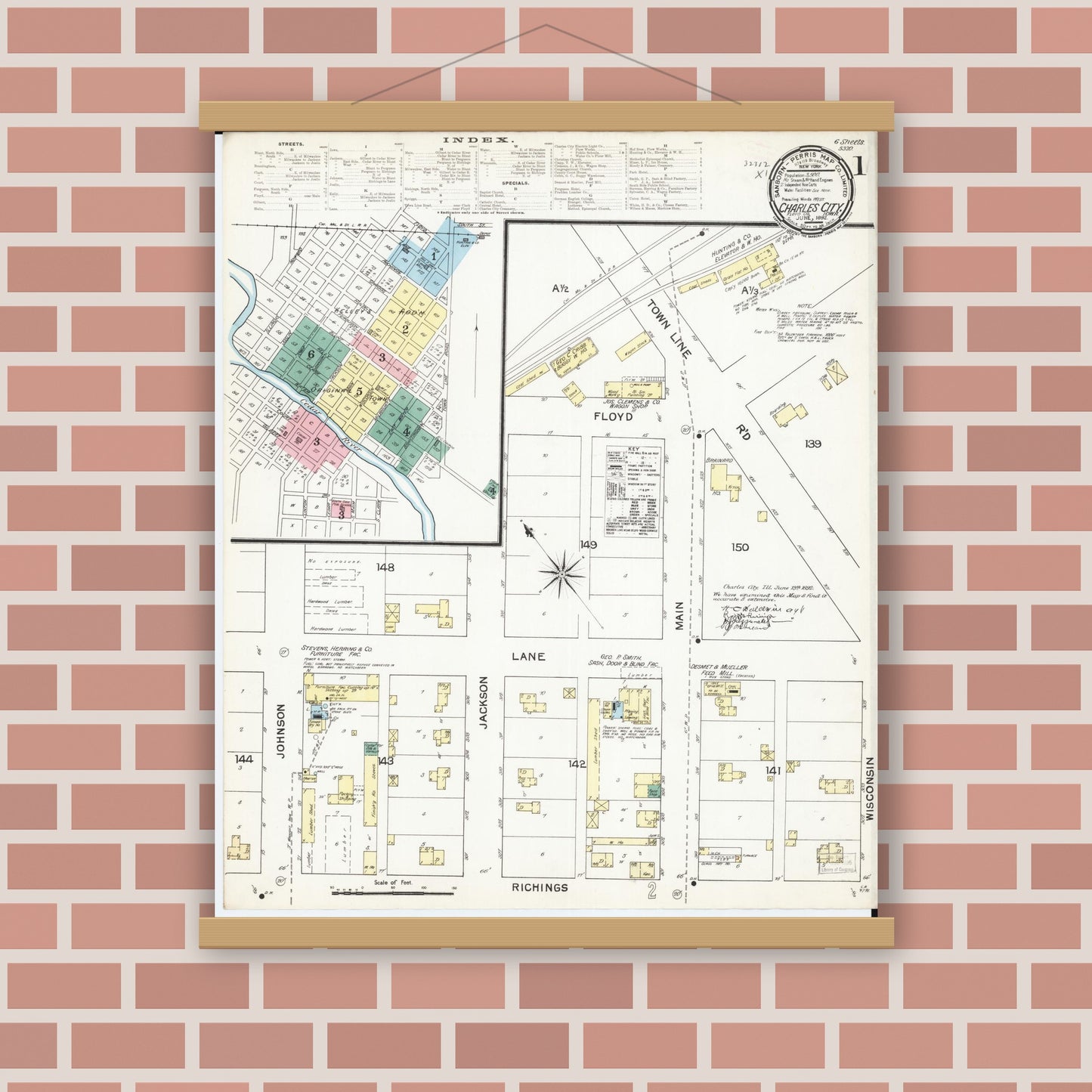 Old map wall art mockup — magnetic wood frame on brick wall — Sanborn Fire Insurance Map from Charles City, Floyd County, Iowa (1892) â€” Complete Set