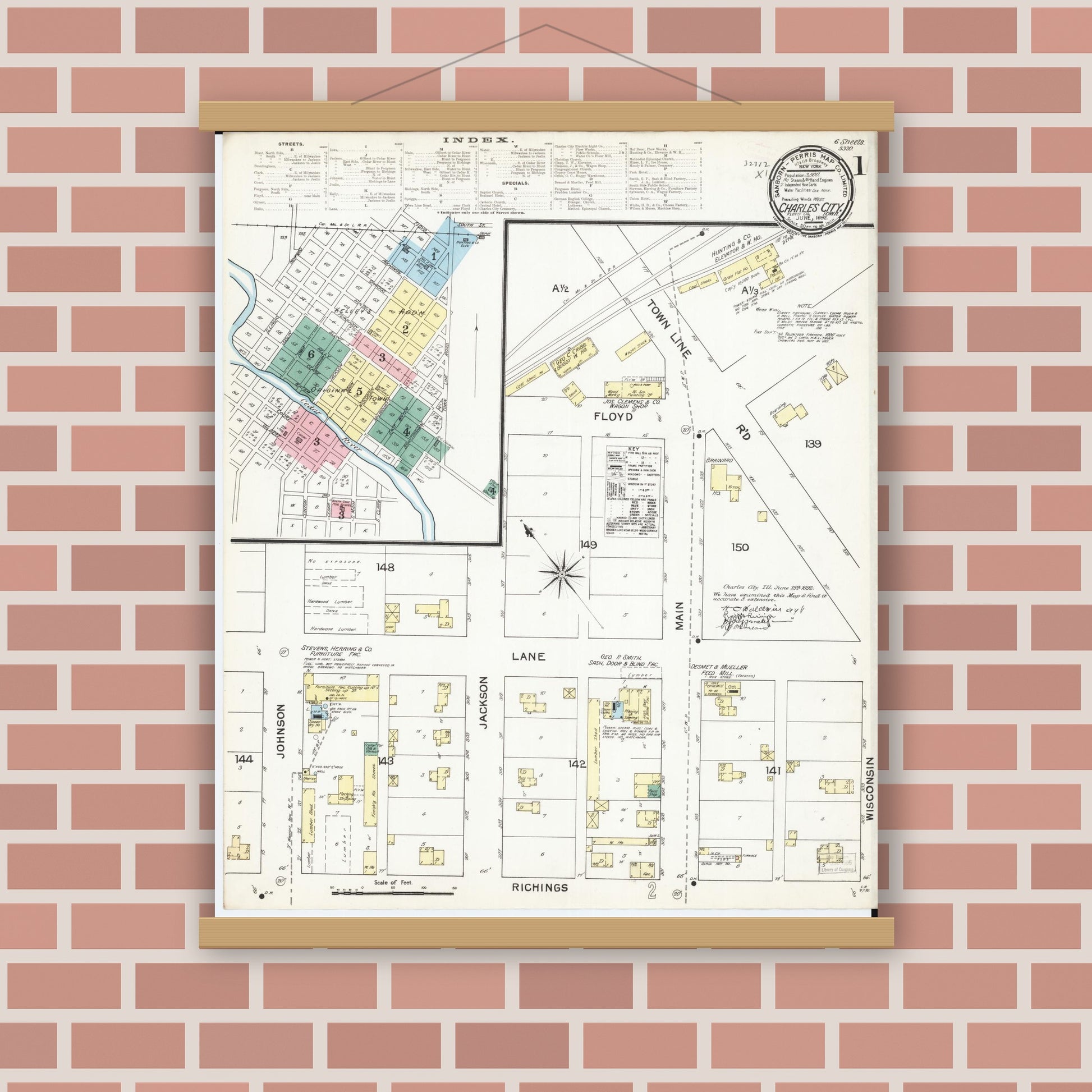 Old map wall art mockup — magnetic wood frame on brick wall — Sanborn Fire Insurance Map from Charles City, Floyd County, Iowa (1892) â€” Complete Set