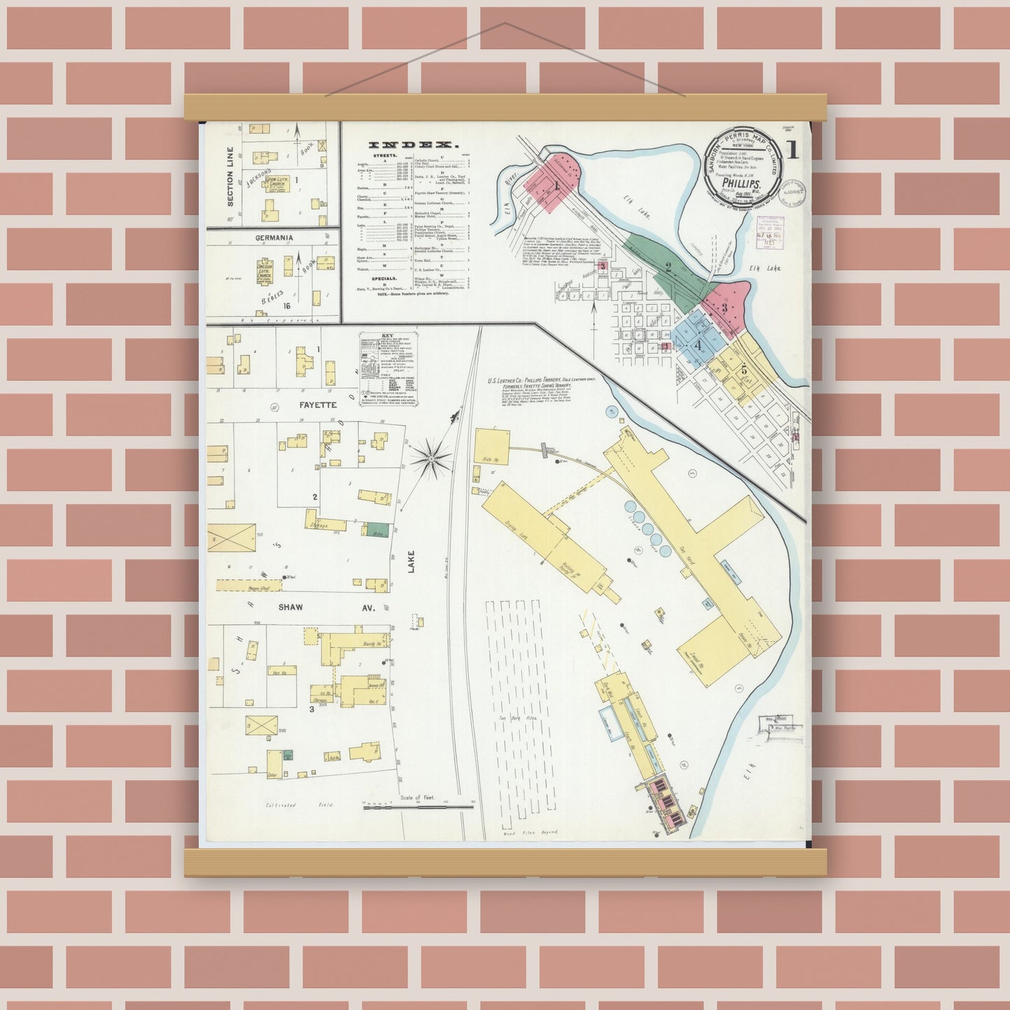Old map wall art mockup — magnetic wood frame on brick wall — Sanborn Fire Insurance Map from Phillips, Price County, Wisconsin (1901), Sheet #0001
