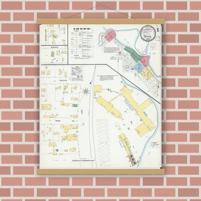 Old map wall art mockup — magnetic wood frame on brick wall — Sanborn Fire Insurance Map from Phillips, Price County, Wisconsin (1901), Sheet #0001