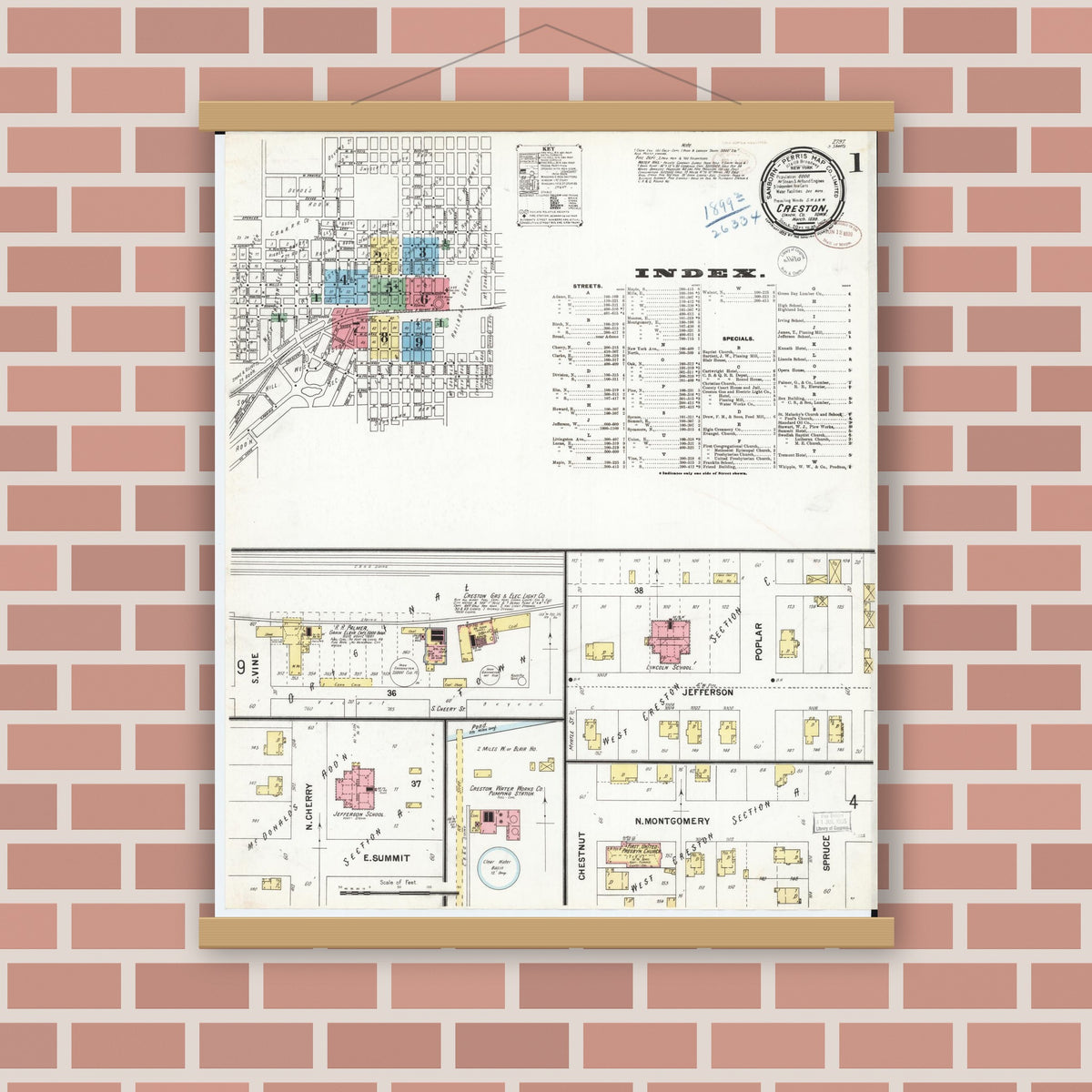 Old map wall art mockup — magnetic wood frame on brick wall — Sanborn Fire Insurance Map from Creston, Union County, Iowa (1899) â€” Complete Set