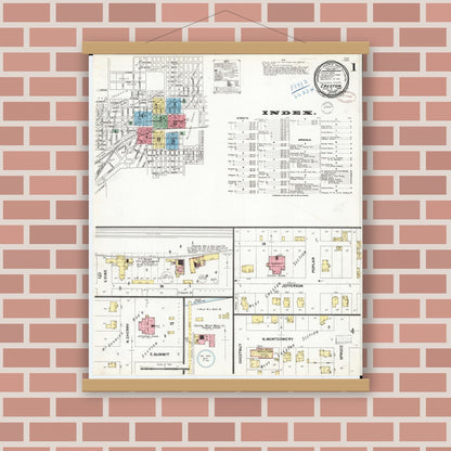 Old map wall art mockup — magnetic wood frame on brick wall — Sanborn Fire Insurance Map from Creston, Union County, Iowa (1899) â€” Complete Set