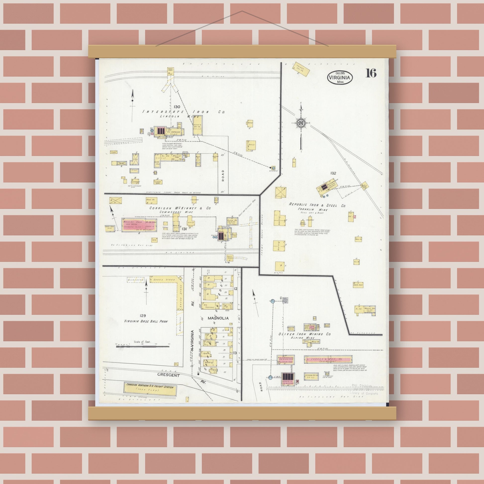 Old map wall art mockup — magnetic wood frame on brick wall — Sanborn Fire Insurance Map from Virginia, Saint Louis County, Minnesota (1915), Sheet #0016