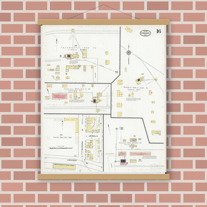 Old map wall art mockup — magnetic wood frame on brick wall — Sanborn Fire Insurance Map from Virginia, Saint Louis County, Minnesota (1915), Sheet #0016