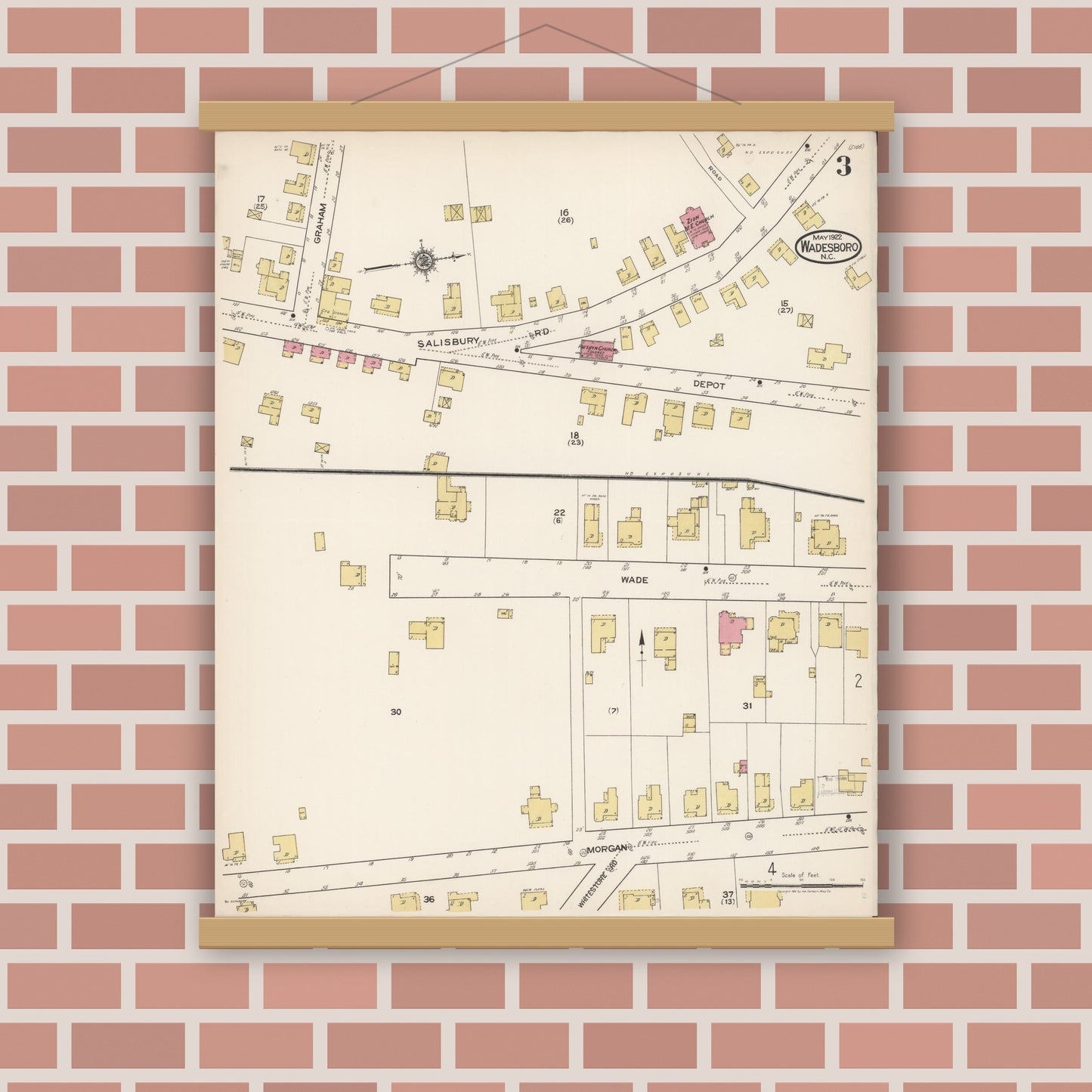 Old map wall art mockup — magnetic wood frame on brick wall — Sanborn Fire Insurance Map from Wadesboro, Anson County, North Carolina (1922), Sheet #0003