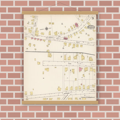 Old map wall art mockup — magnetic wood frame on brick wall — Sanborn Fire Insurance Map from Wadesboro, Anson County, North Carolina (1922), Sheet #0003