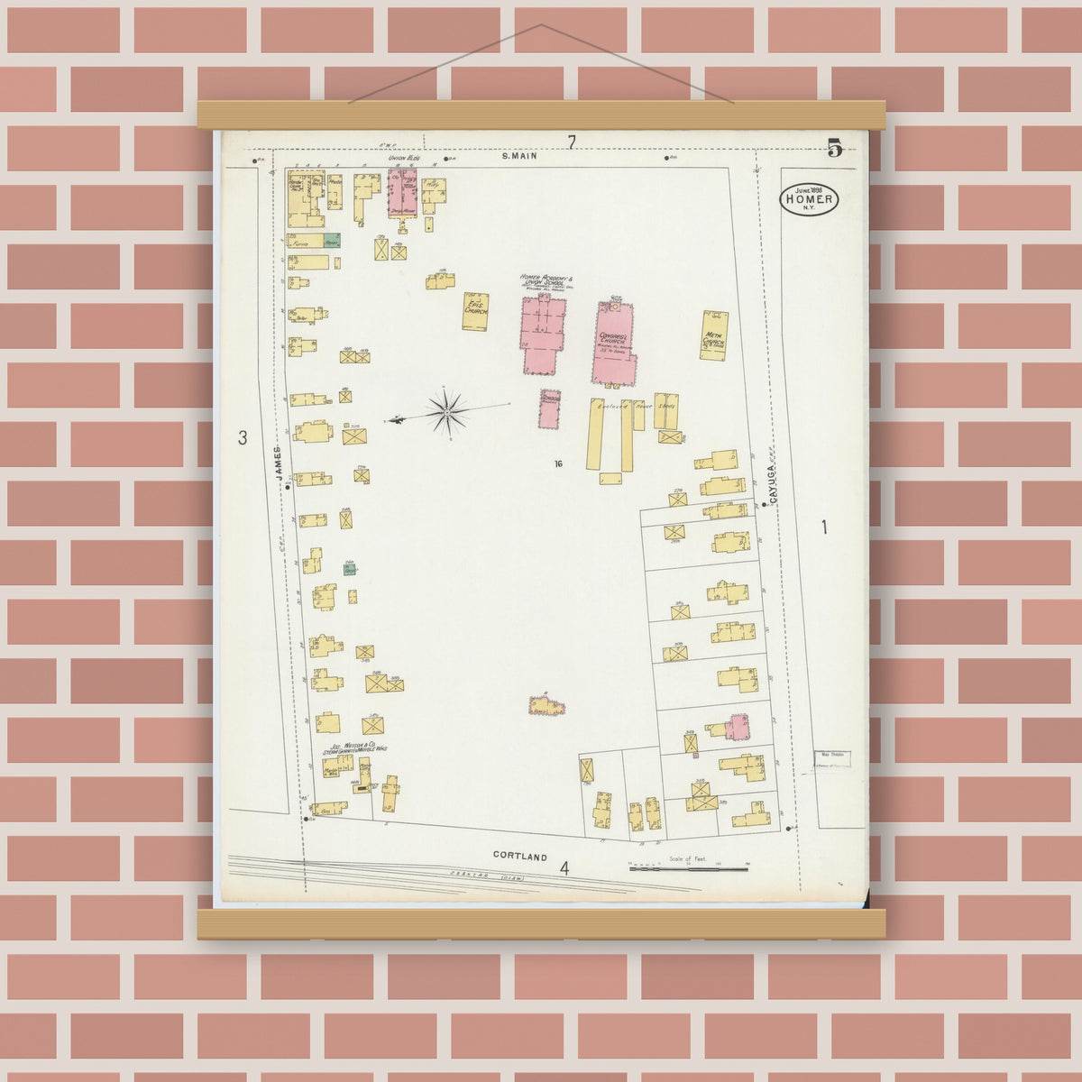 Old map wall art mockup — magnetic wood frame on brick wall — Sanborn Fire Insurance Map from Homer, Cortland County, New York (1898), Sheet #0005