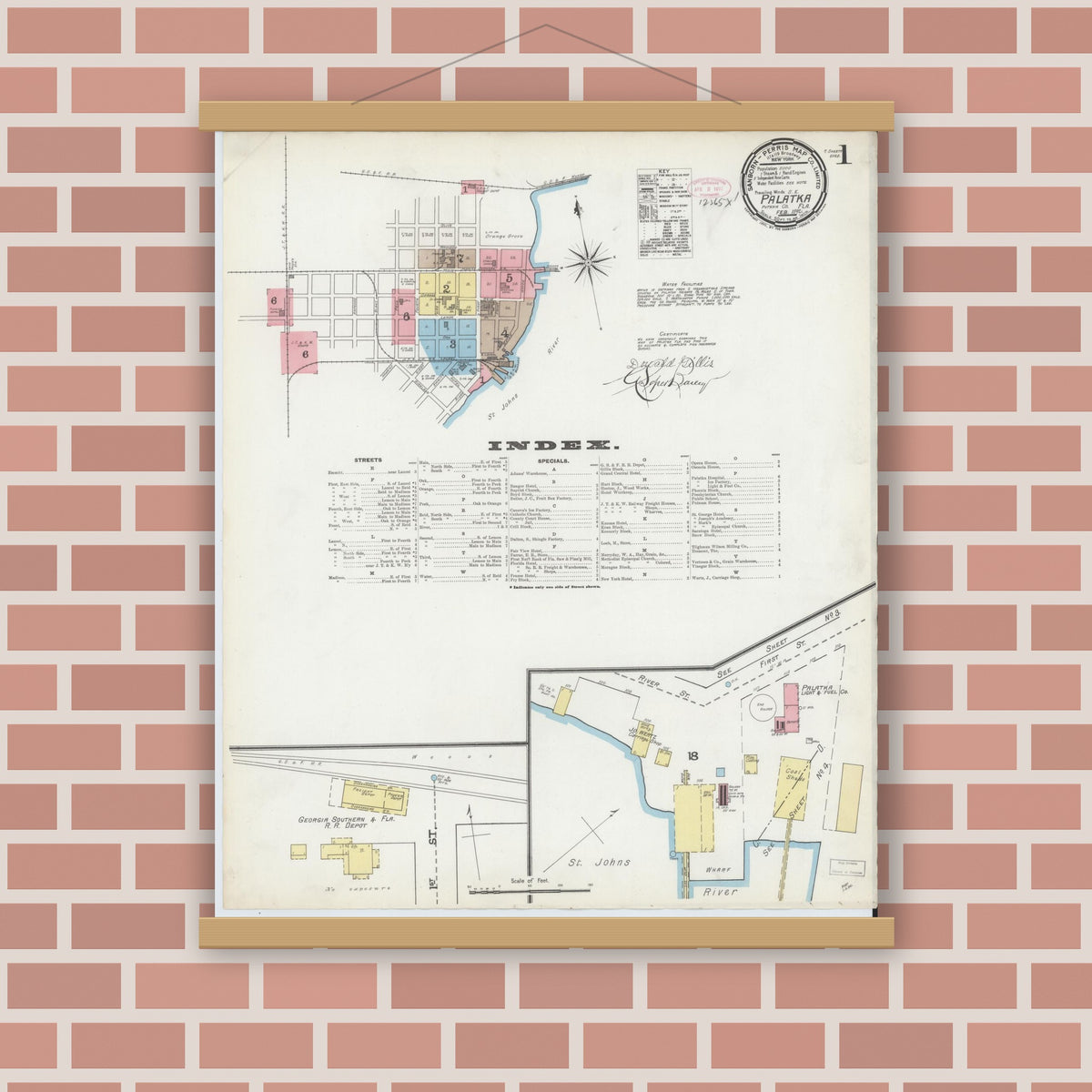 Old map wall art mockup — magnetic wood frame on brick wall — Sanborn Fire Insurance Map from Palatka, Putnam County, Florida (1892), Sheet #0001