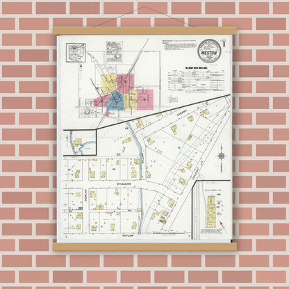 Old map wall art mockup — magnetic wood frame on brick wall — Sanborn Fire Insurance Map from Weston, Wood County, Ohio (1920), Sheet #0001