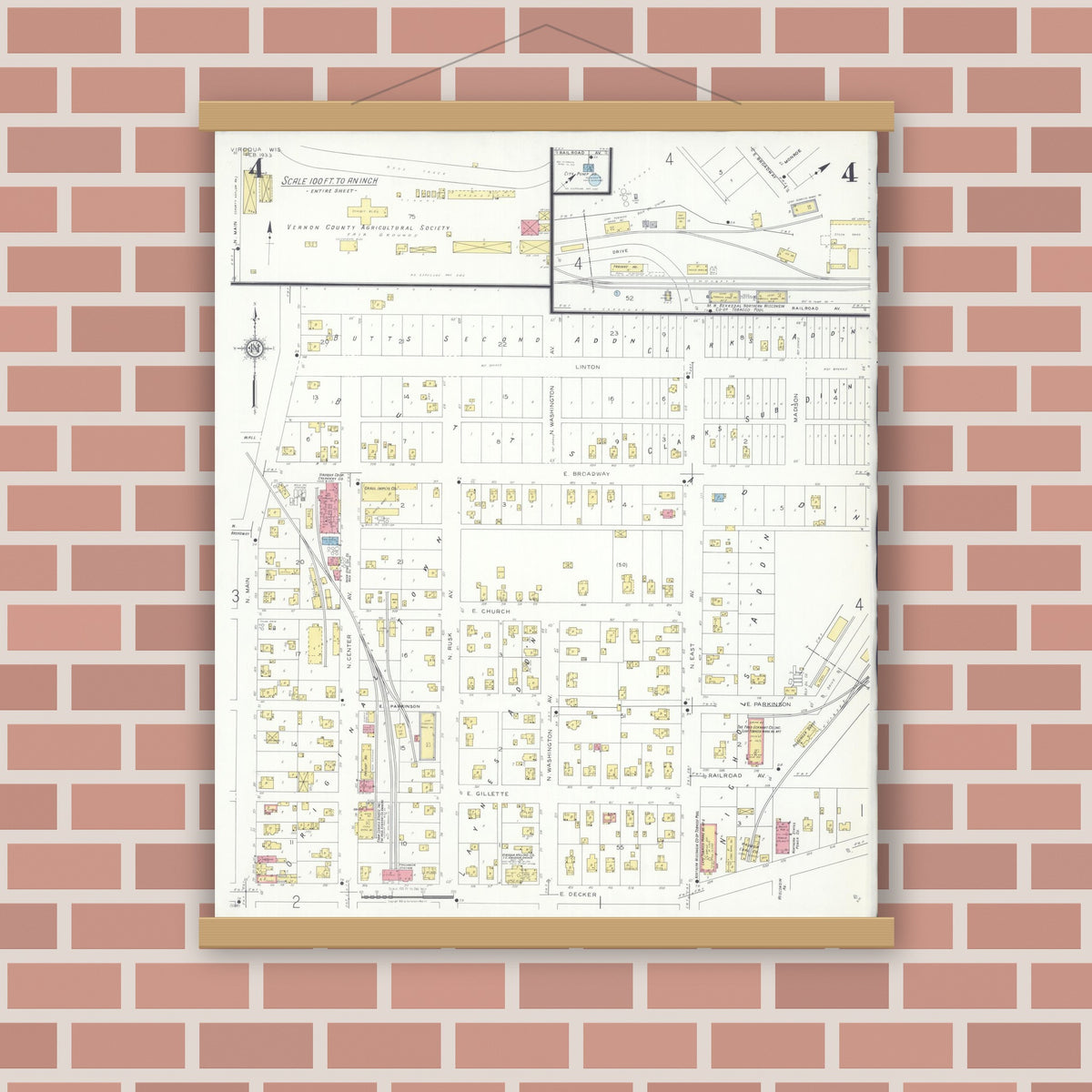 Old map wall art mockup — magnetic wood frame on brick wall — Sanborn Fire Insurance Map from Viroqua, Vernon County, Wisconsin (1933), Sheet #0004