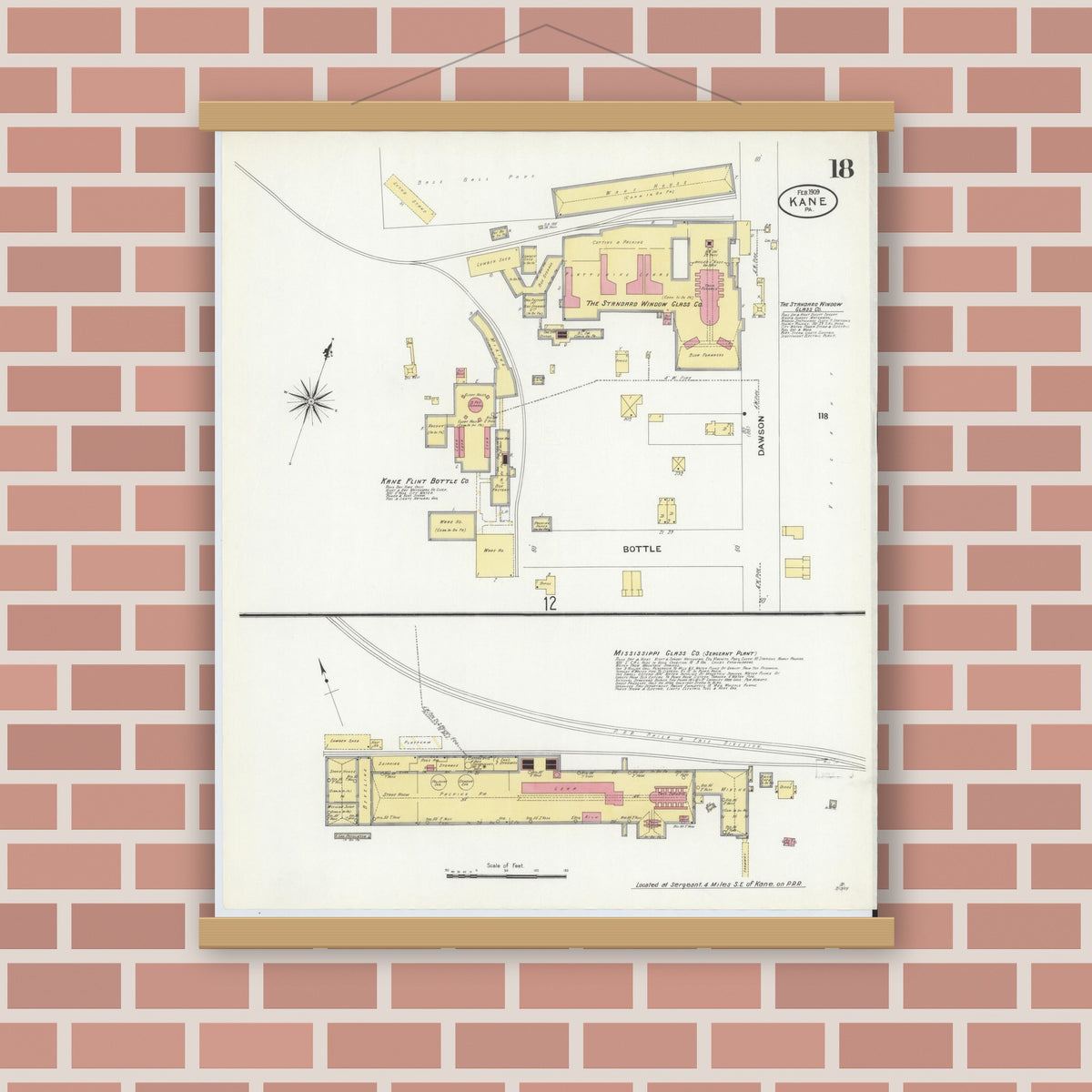 Old map wall art mockup — magnetic wood frame on brick wall — Sanborn Fire Insurance Map from Kane, McKean County, Pennsylvania (1909), Sheet #0018