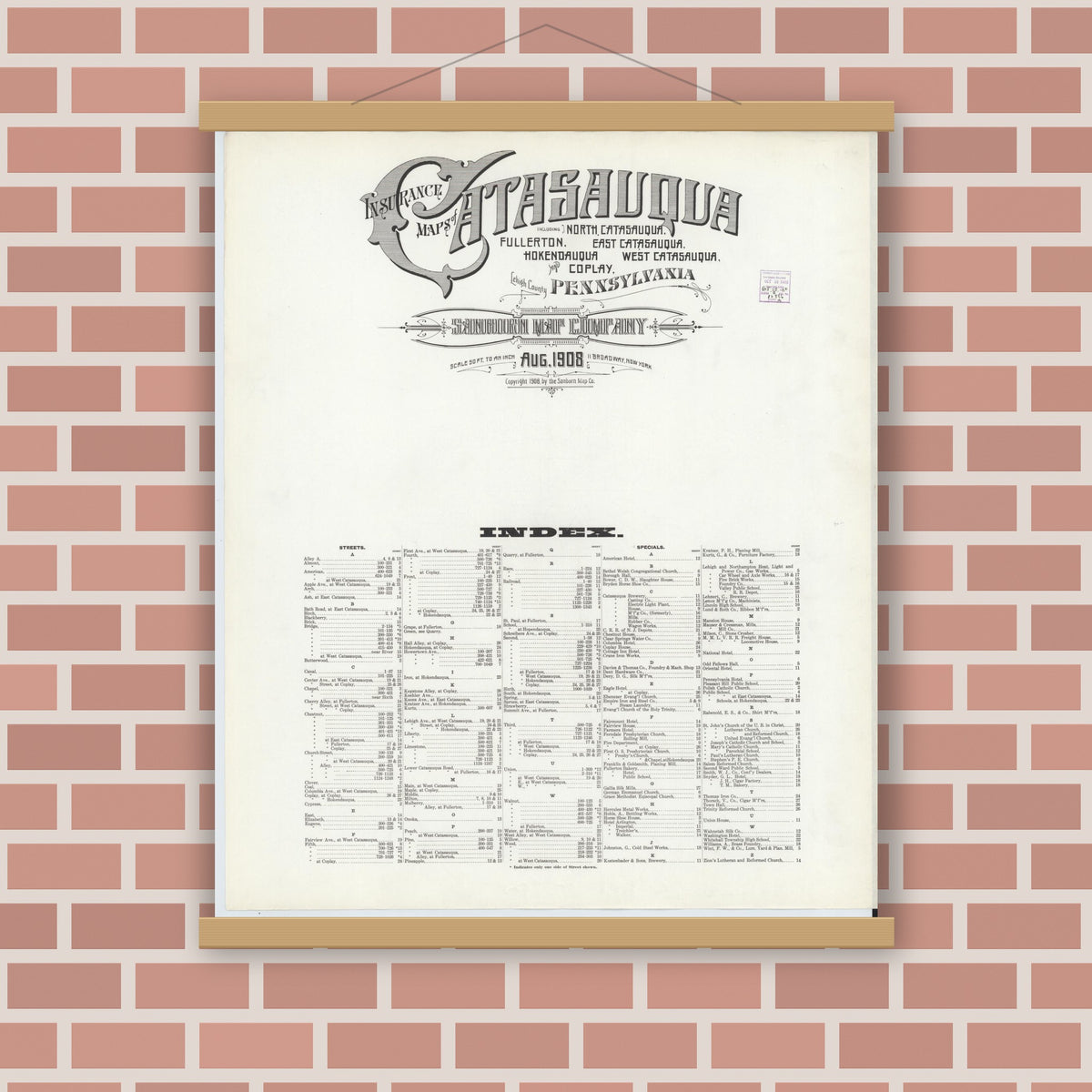 Old map wall art mockup — magnetic wood frame on brick wall — Sanborn Fire Insurance Map from Catasauqua, Lehigh County, Pennsylvania (1908), Sheet #0001