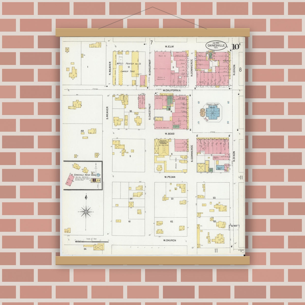 Old map wall art mockup — magnetic wood frame on brick wall — Sanborn Fire Insurance Map from Gainesville, Cooke County, Texas (1902), Sheet #0010