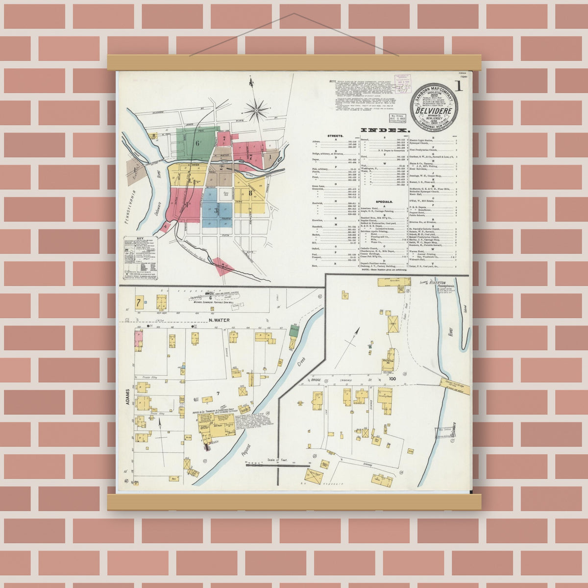 Old map wall art mockup — magnetic wood frame on brick wall — Sanborn Fire Insurance Map from Belvidere, Warren County, New Jersey (1903), Sheet #0001