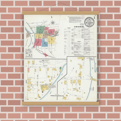 Old map wall art mockup — magnetic wood frame on brick wall — Sanborn Fire Insurance Map from Belvidere, Warren County, New Jersey (1903), Sheet #0001