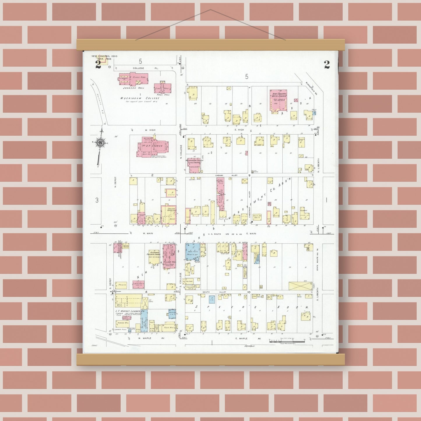 Old map wall art mockup — magnetic wood frame on brick wall — Sanborn Fire Insurance Map from New Concord, Muskingum County, Ohio (1946), Sheet #0002