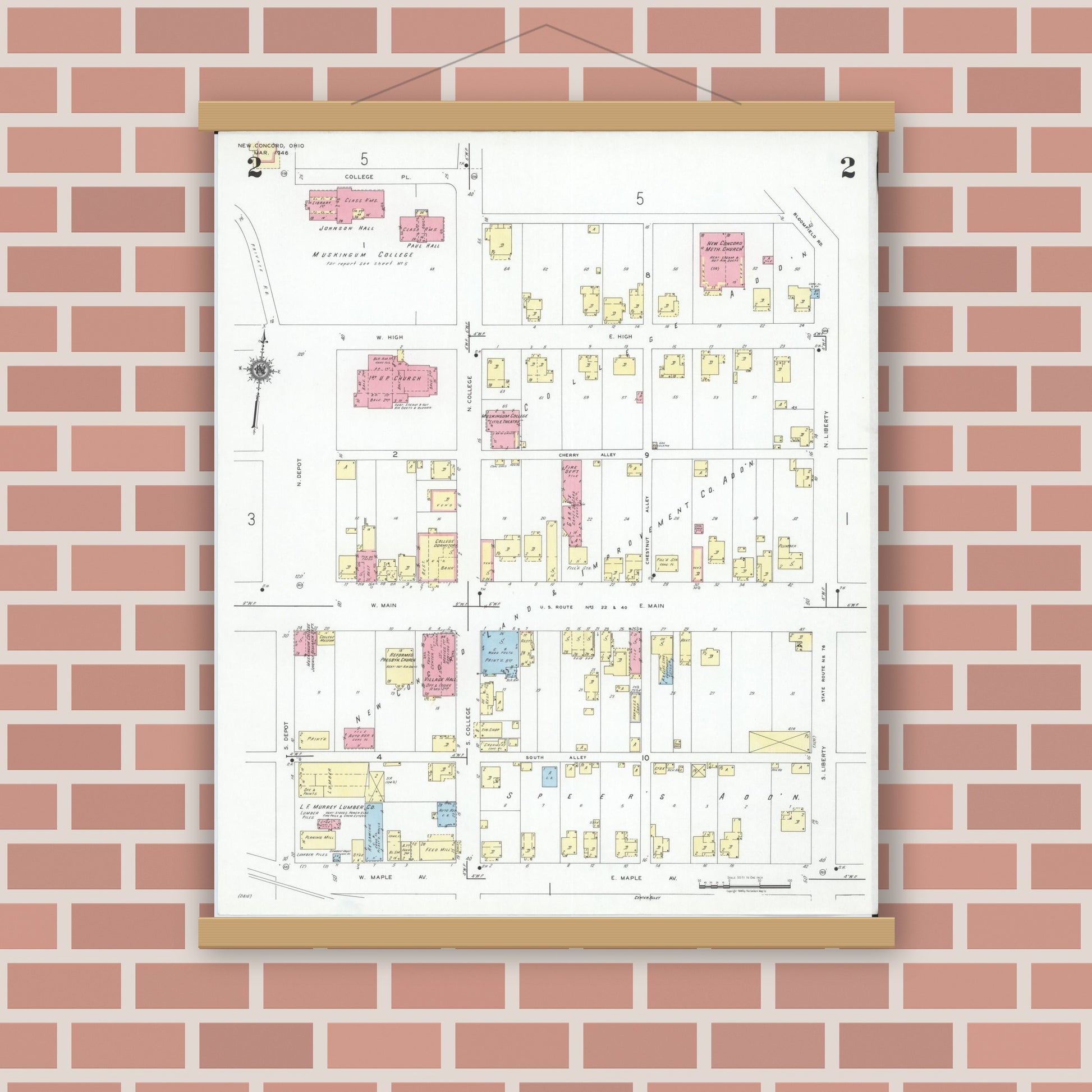 Old map wall art mockup — magnetic wood frame on brick wall — Sanborn Fire Insurance Map from New Concord, Muskingum County, Ohio (1946), Sheet #0002