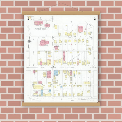 Old map wall art mockup — magnetic wood frame on brick wall — Sanborn Fire Insurance Map from New Concord, Muskingum County, Ohio (1946), Sheet #0002