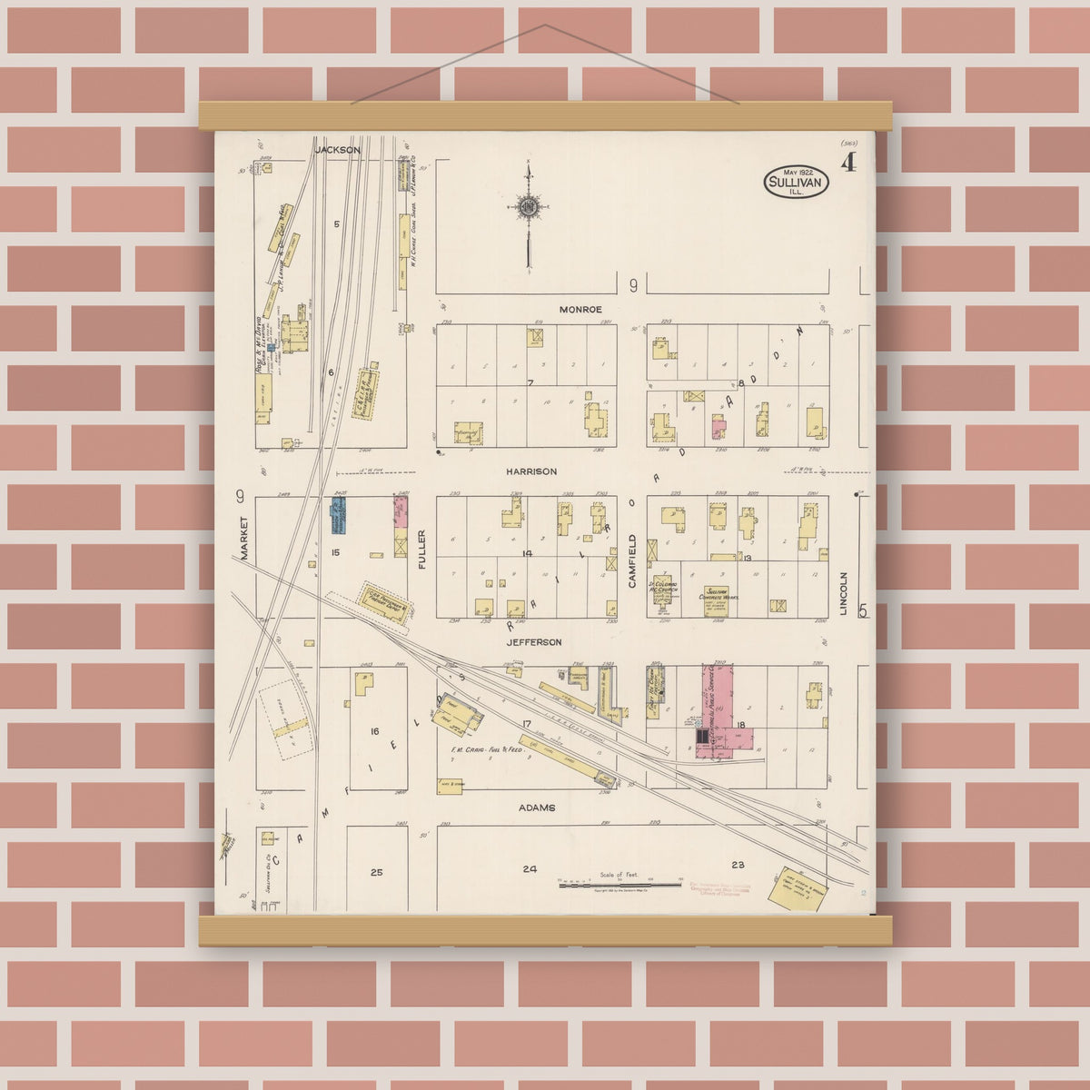 Old map wall art mockup — magnetic wood frame on brick wall — Sanborn Fire Insurance Map from Sullivan, Moultrie County, Illinois (1922), Sheet #0004
