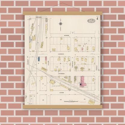 Old map wall art mockup — magnetic wood frame on brick wall — Sanborn Fire Insurance Map from Sullivan, Moultrie County, Illinois (1922), Sheet #0004