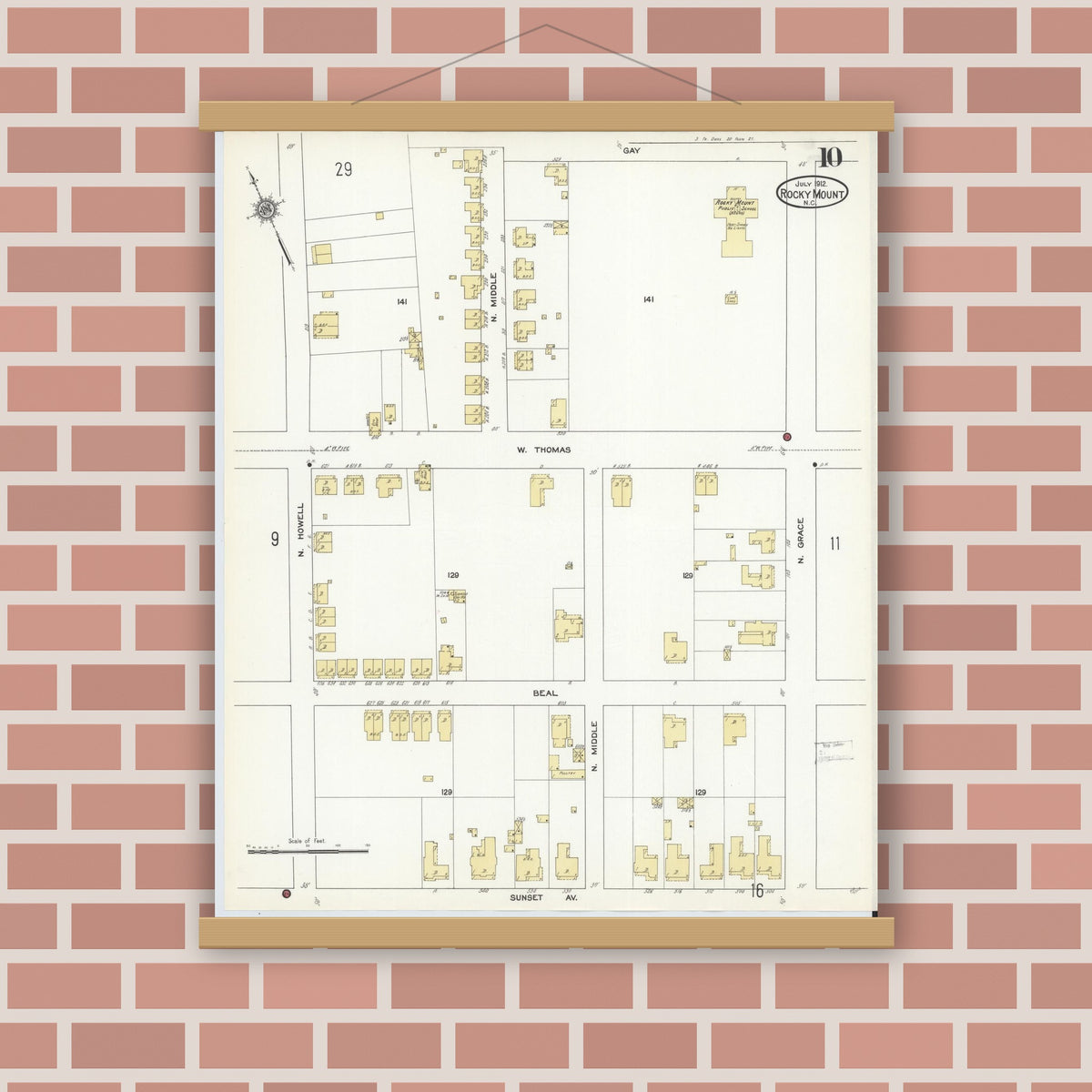 Old map wall art mockup — magnetic wood frame on brick wall — Sanborn Fire Insurance Map from Rocky Mount, Edgecombe And Nash Counties, North Carolina (1912), Sheet #0010