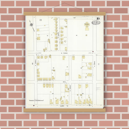 Old map wall art mockup — magnetic wood frame on brick wall — Sanborn Fire Insurance Map from Rocky Mount, Edgecombe And Nash Counties, North Carolina (1912), Sheet #0010