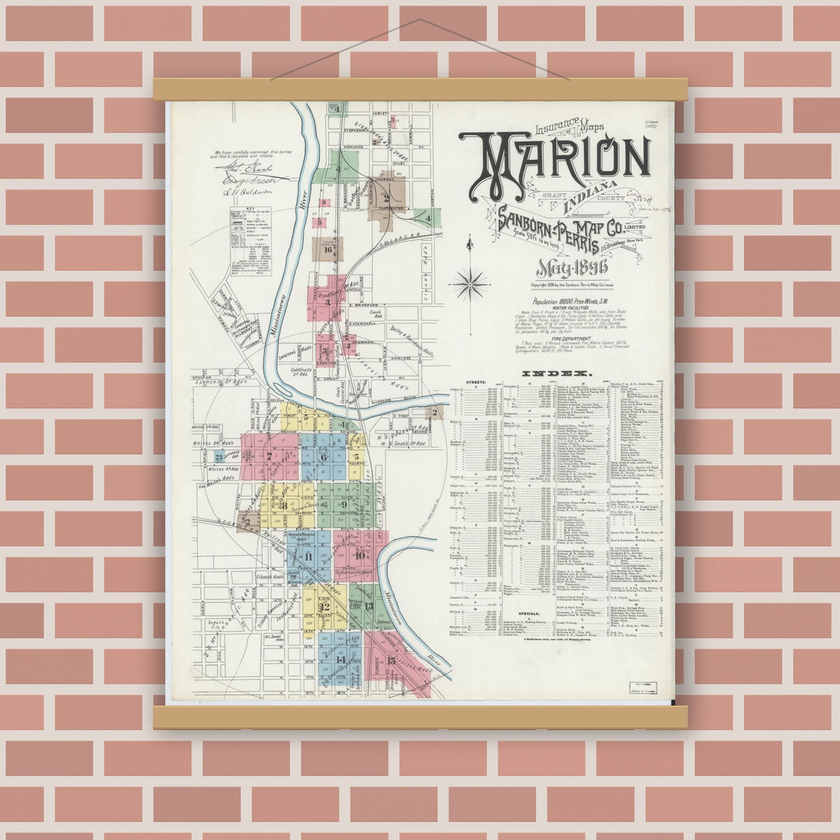 Old map wall art mockup — magnetic wood frame on brick wall — Sanborn Fire Insurance Map from Marion, Grant County, Indiana (1896), Sheet #0001