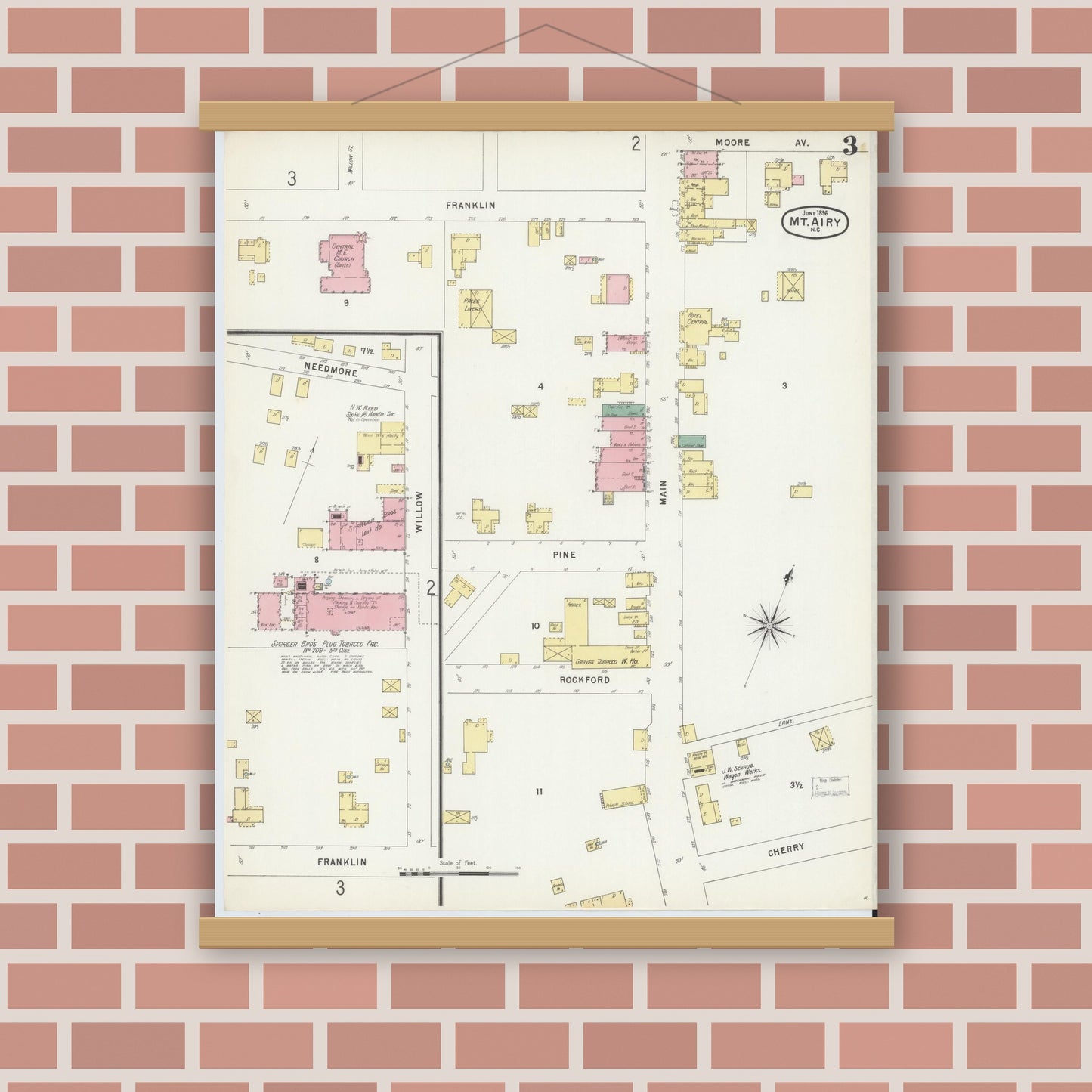 Old map wall art mockup — magnetic wood frame on brick wall — Sanborn Fire Insurance Map from Mount Airy, Surry County, North Carolina (1896), Sheet #0003