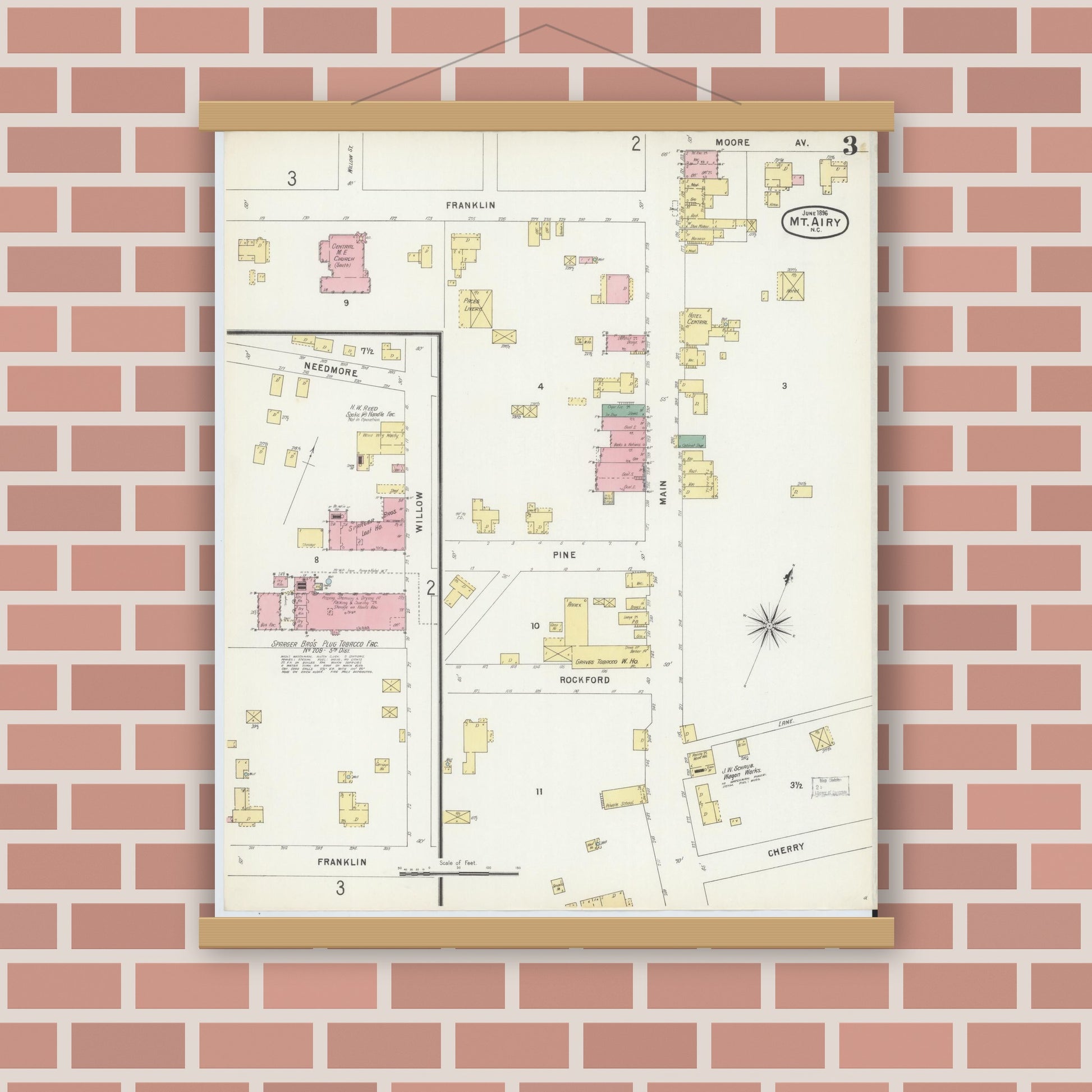 Old map wall art mockup — magnetic wood frame on brick wall — Sanborn Fire Insurance Map from Mount Airy, Surry County, North Carolina (1896), Sheet #0003