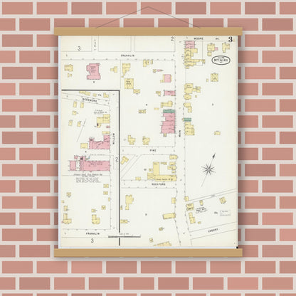 Old map wall art mockup — magnetic wood frame on brick wall — Sanborn Fire Insurance Map from Mount Airy, Surry County, North Carolina (1896), Sheet #0003