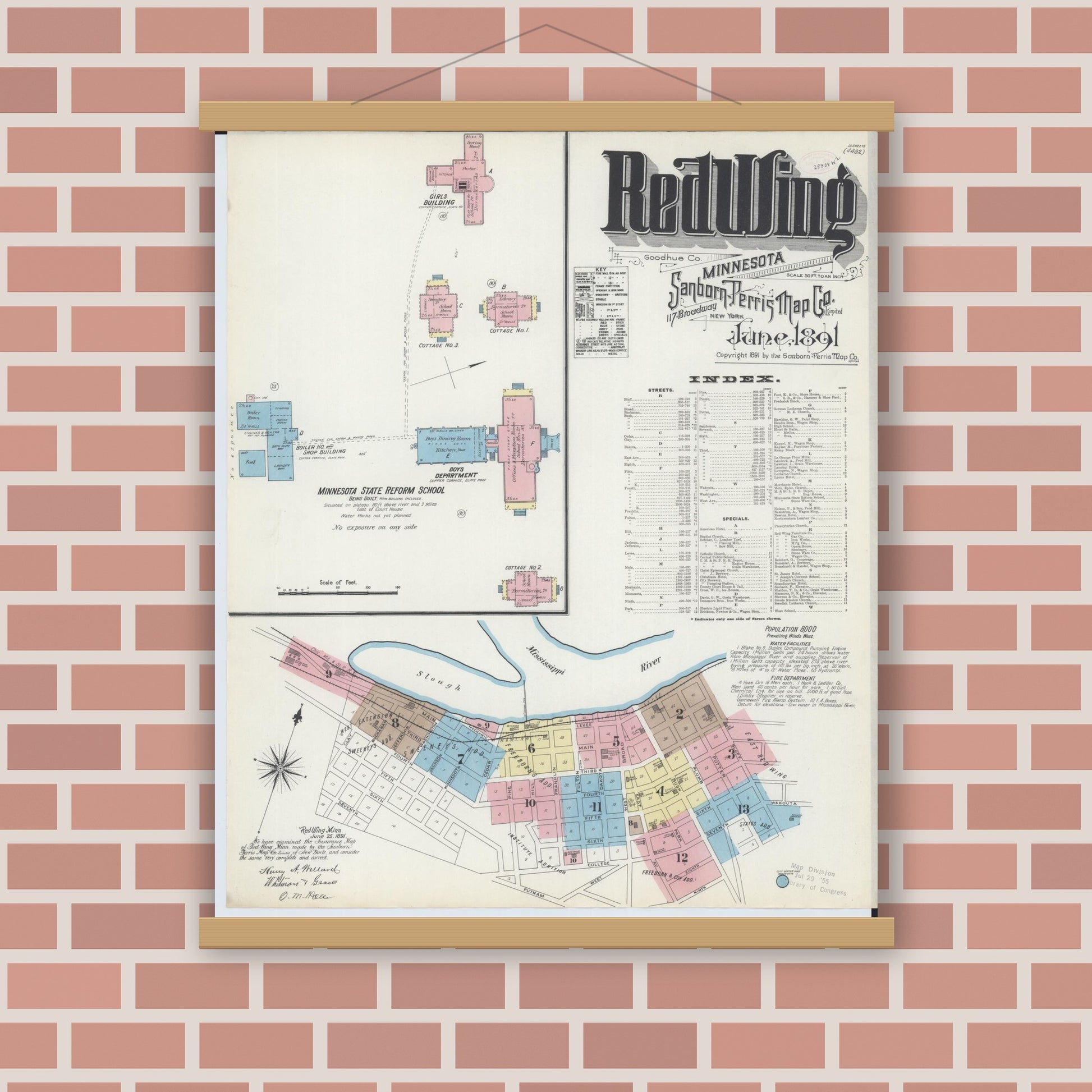 Old map wall art mockup — magnetic wood frame on brick wall — Sanborn Fire Insurance Map from Red Wing, Goodhue County, Minnesota (1891) - Complete Map Set
