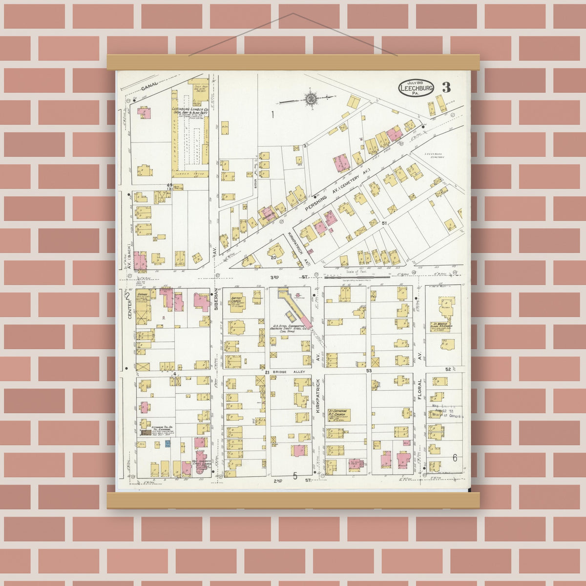 Old map wall art mockup — magnetic wood frame on brick wall — Sanborn Fire Insurance Map from Leechburg, Armstrong County, Pennsylvania (1919), Sheet #0003