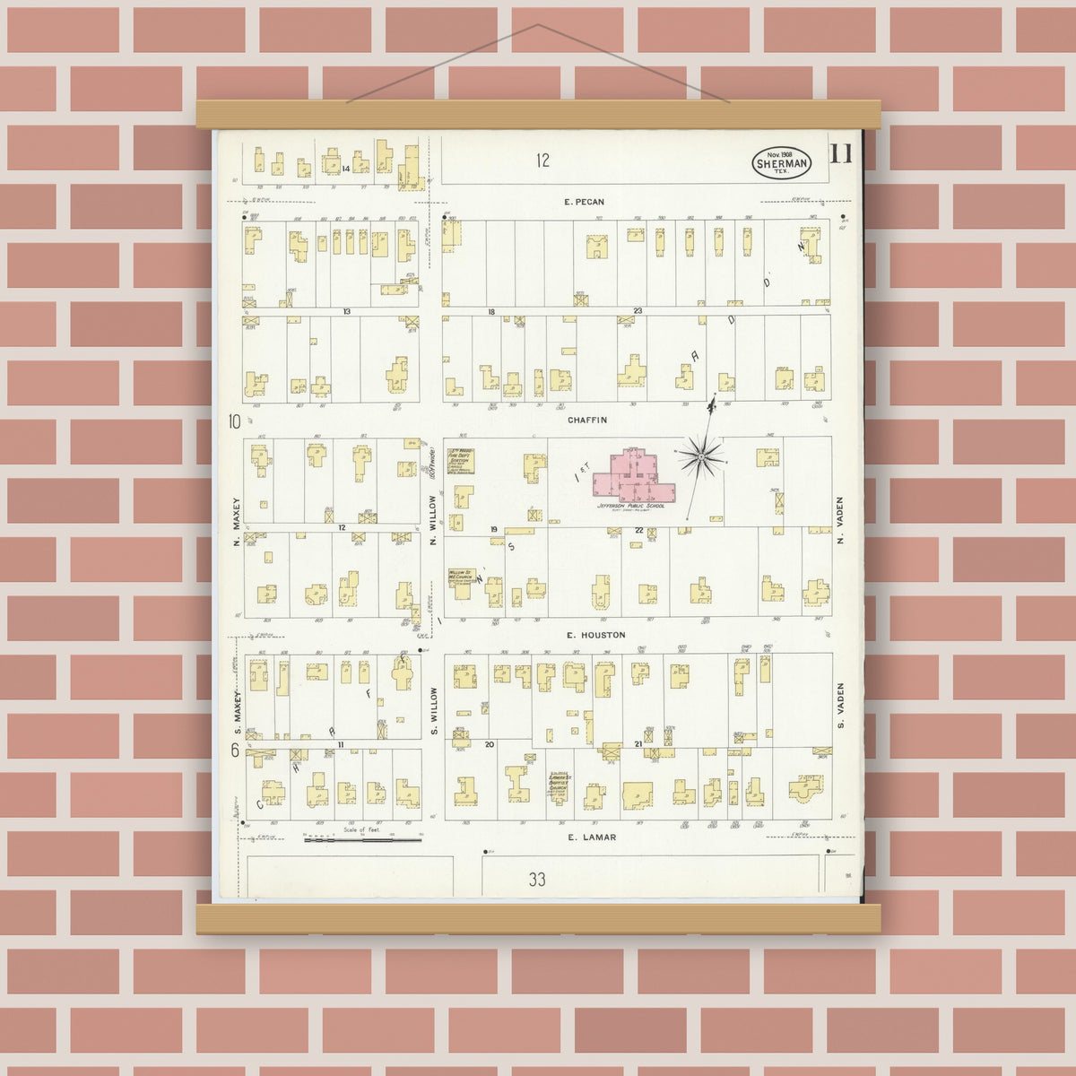 Old map wall art mockup — magnetic wood frame on brick wall — Sanborn Fire Insurance Map from Sherman, Grayson County, Texas (1908), Sheet #0011
