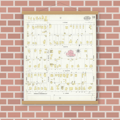 Old map wall art mockup — magnetic wood frame on brick wall — Sanborn Fire Insurance Map from Sherman, Grayson County, Texas (1908), Sheet #0011