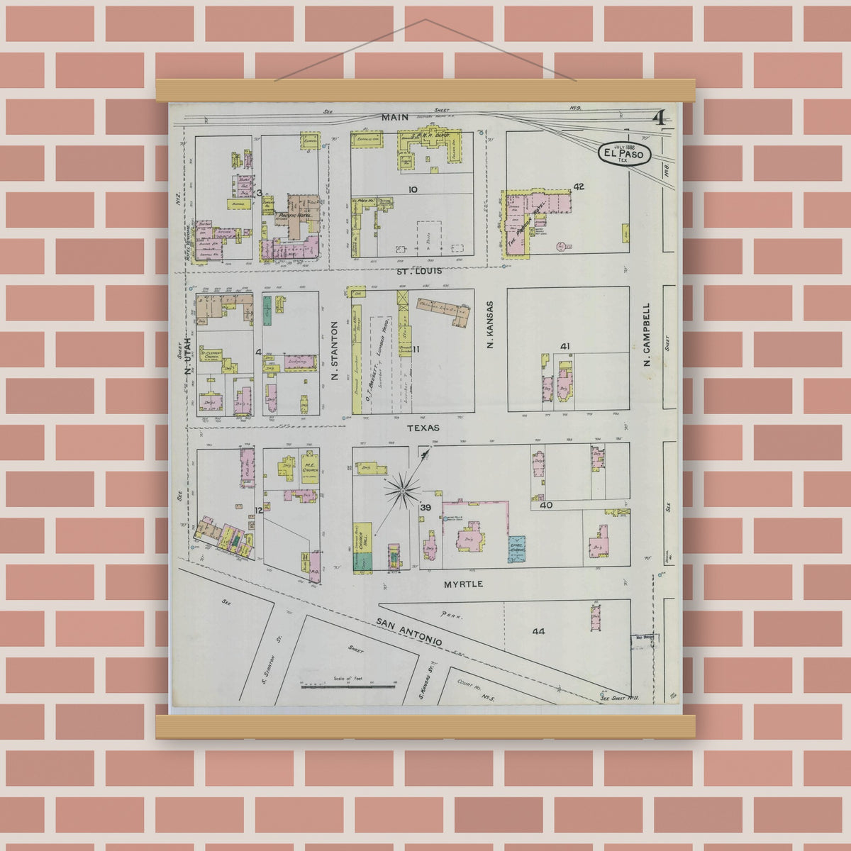 Old map wall art mockup — magnetic wood frame on brick wall — Sanborn Fire Insurance Map from El Paso, El Paso County, Texas (1888), Sheet #0004