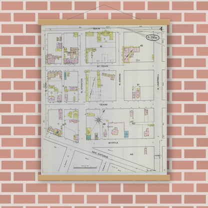 Old map wall art mockup — magnetic wood frame on brick wall — Sanborn Fire Insurance Map from El Paso, El Paso County, Texas (1888), Sheet #0004