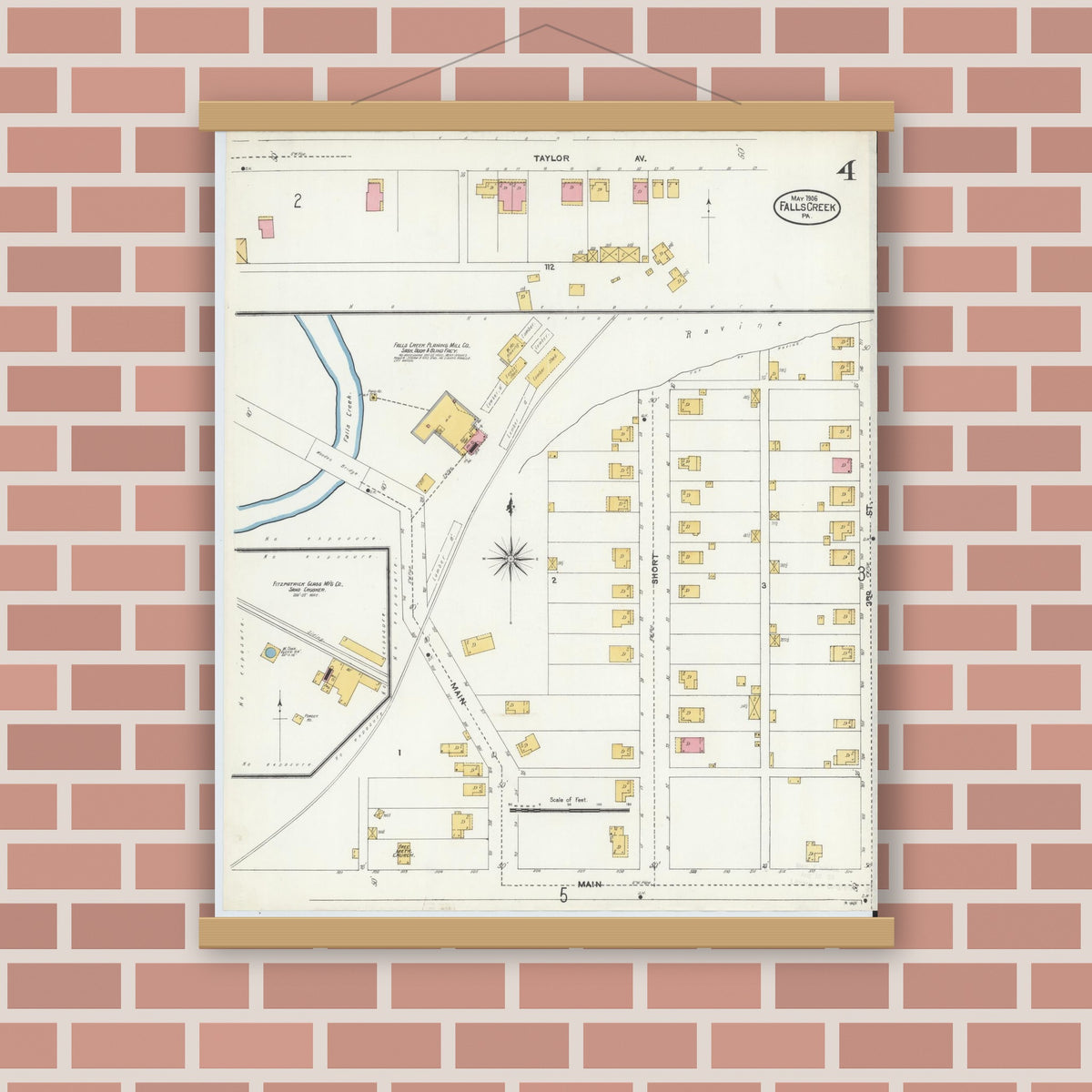 Old map wall art mockup — magnetic wood frame on brick wall — Sanborn Fire Insurance Map from Falls Creek, Jefferson And Clearfield Counties, Pennsylvania (1906), Sheet #0004