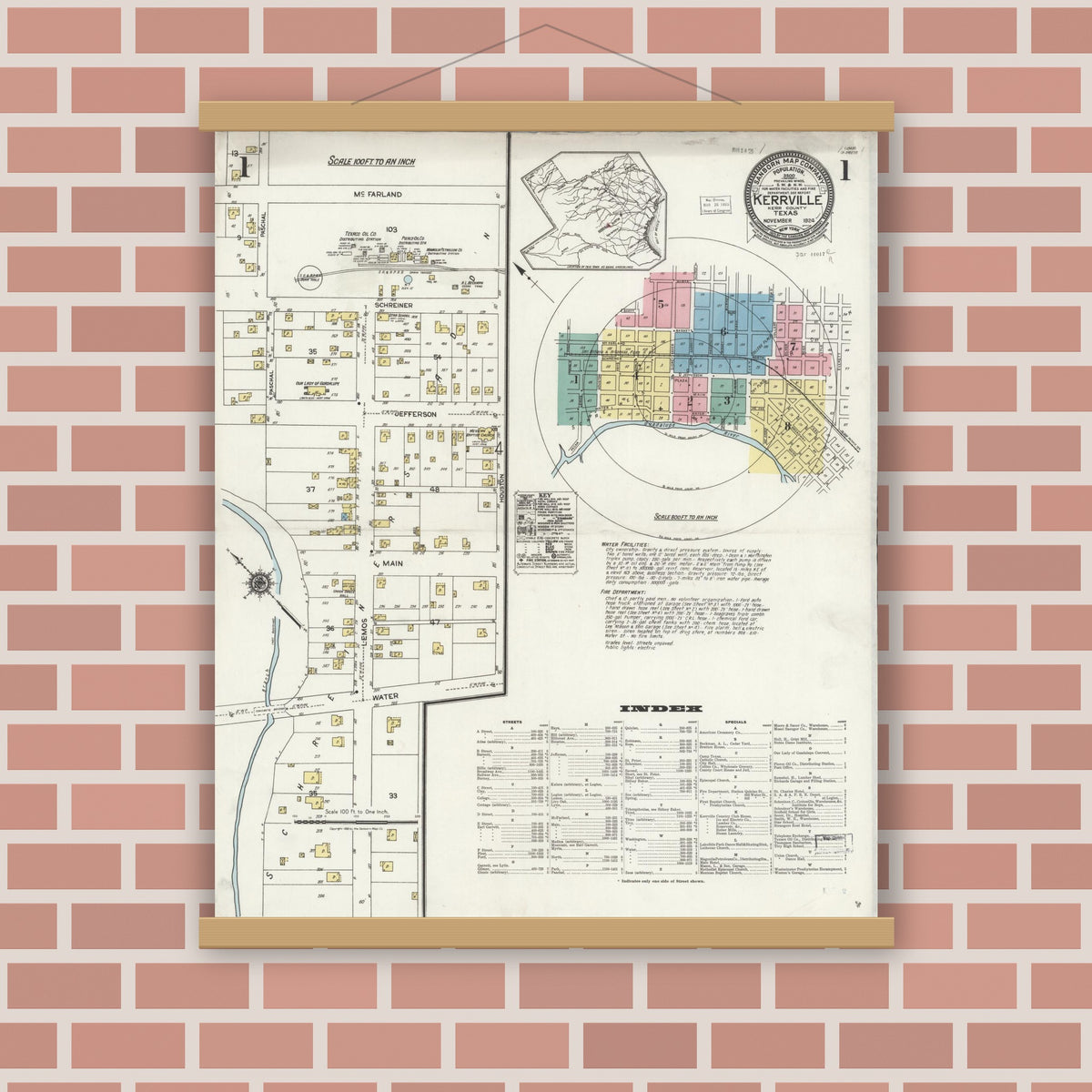Old map wall art mockup — magnetic wood frame on brick wall — Sanborn Fire Insurance Map from Kerrville, Kerr County, Texas (1924) - Complete Map Set