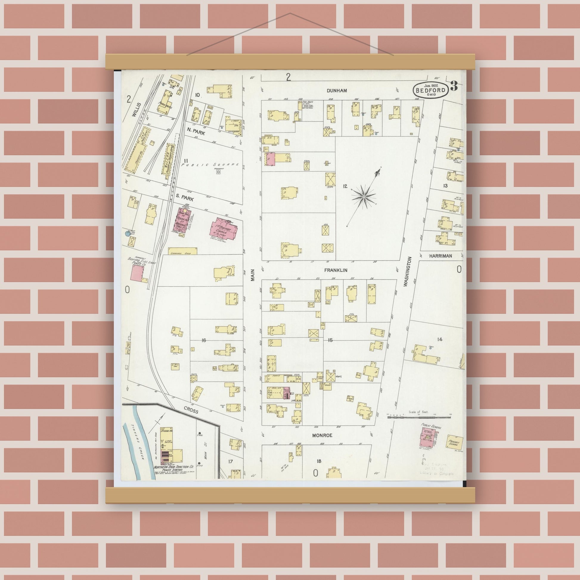 Old map wall art mockup — magnetic wood frame on brick wall — Sanborn Fire Insurance Map from Bedford, Cuyahoga County, Ohio (1902), Sheet #0003