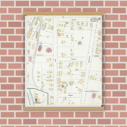 Old map wall art mockup — magnetic wood frame on brick wall — Sanborn Fire Insurance Map from Bedford, Cuyahoga County, Ohio (1902), Sheet #0003