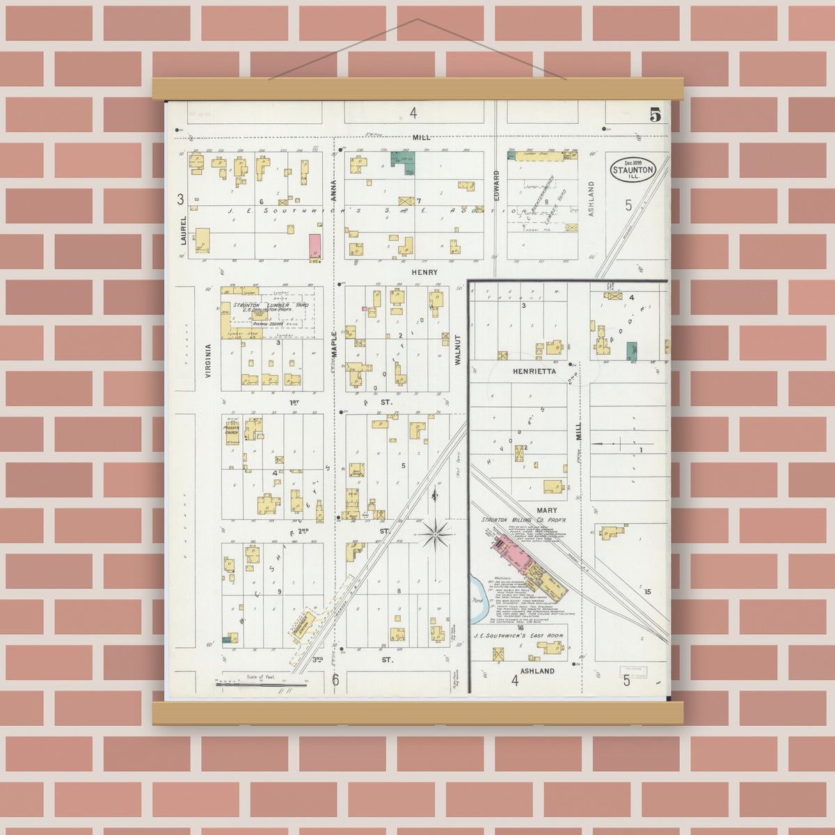 Old map wall art mockup — magnetic wood frame on brick wall — Sanborn Fire Insurance Map from Staunton, Macoupin County, Illinois (1899), Sheet #0005