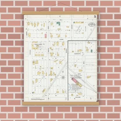 Old map wall art mockup — magnetic wood frame on brick wall — Sanborn Fire Insurance Map from Staunton, Macoupin County, Illinois (1899), Sheet #0005
