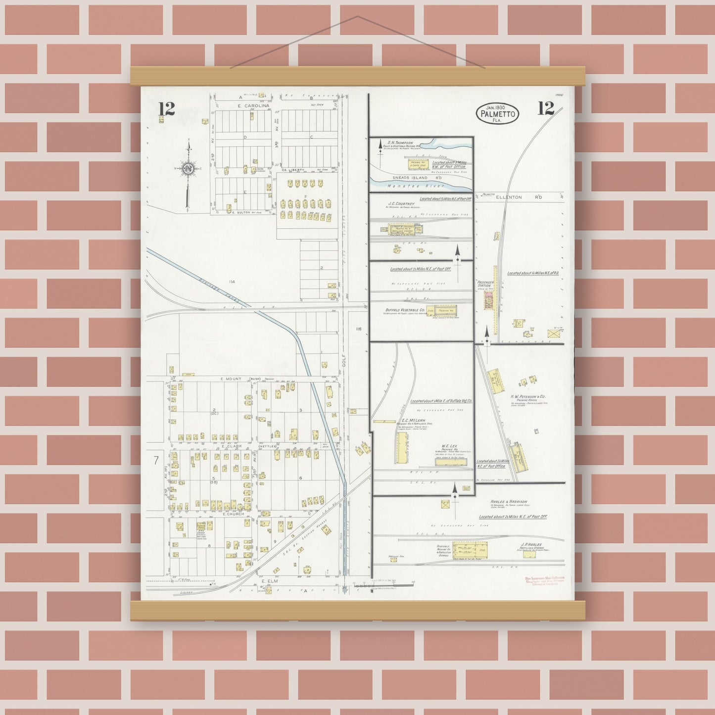 Old map wall art mockup — magnetic wood frame on brick wall — Sanborn Fire Insurance Map from Palmetto, Manatee County, Florida (1930), Sheet #0012