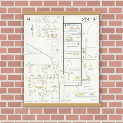 Old map wall art mockup — magnetic wood frame on brick wall — Sanborn Fire Insurance Map from Palmetto, Manatee County, Florida (1930), Sheet #0012
