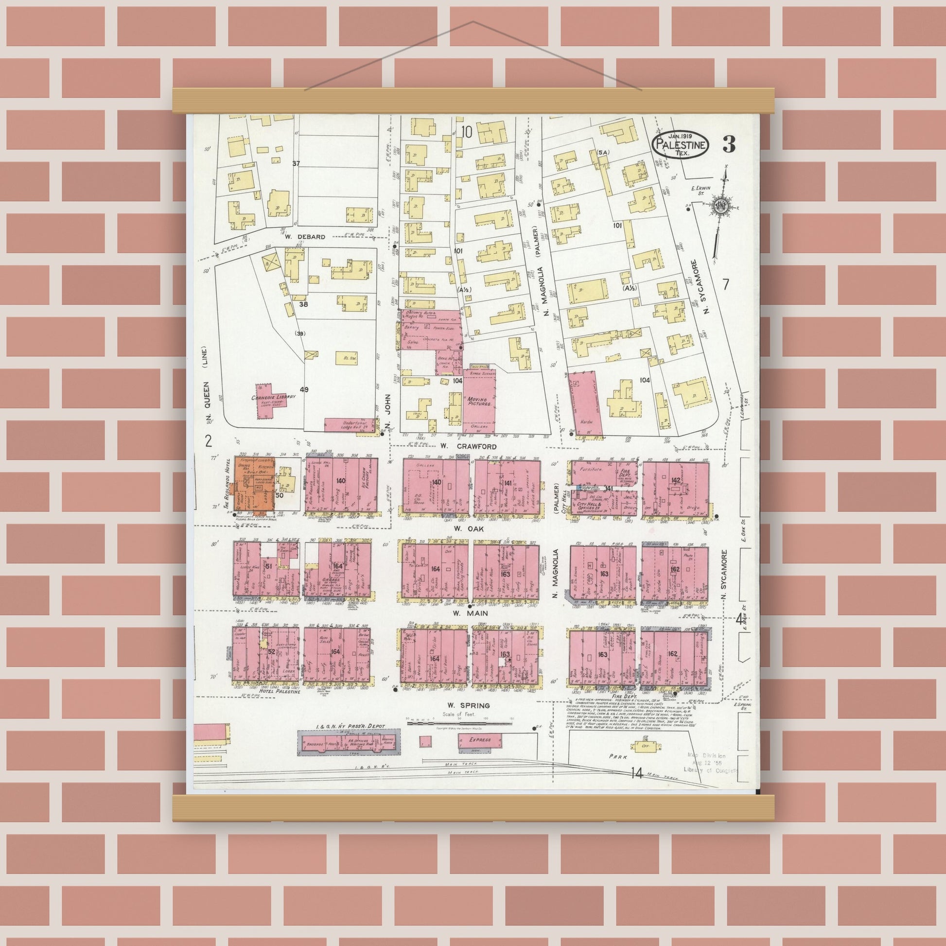 Old map wall art mockup — magnetic wood frame on brick wall — Sanborn Fire Insurance Map from Palestine, Anderson County, Texas (1919), Sheet #0003