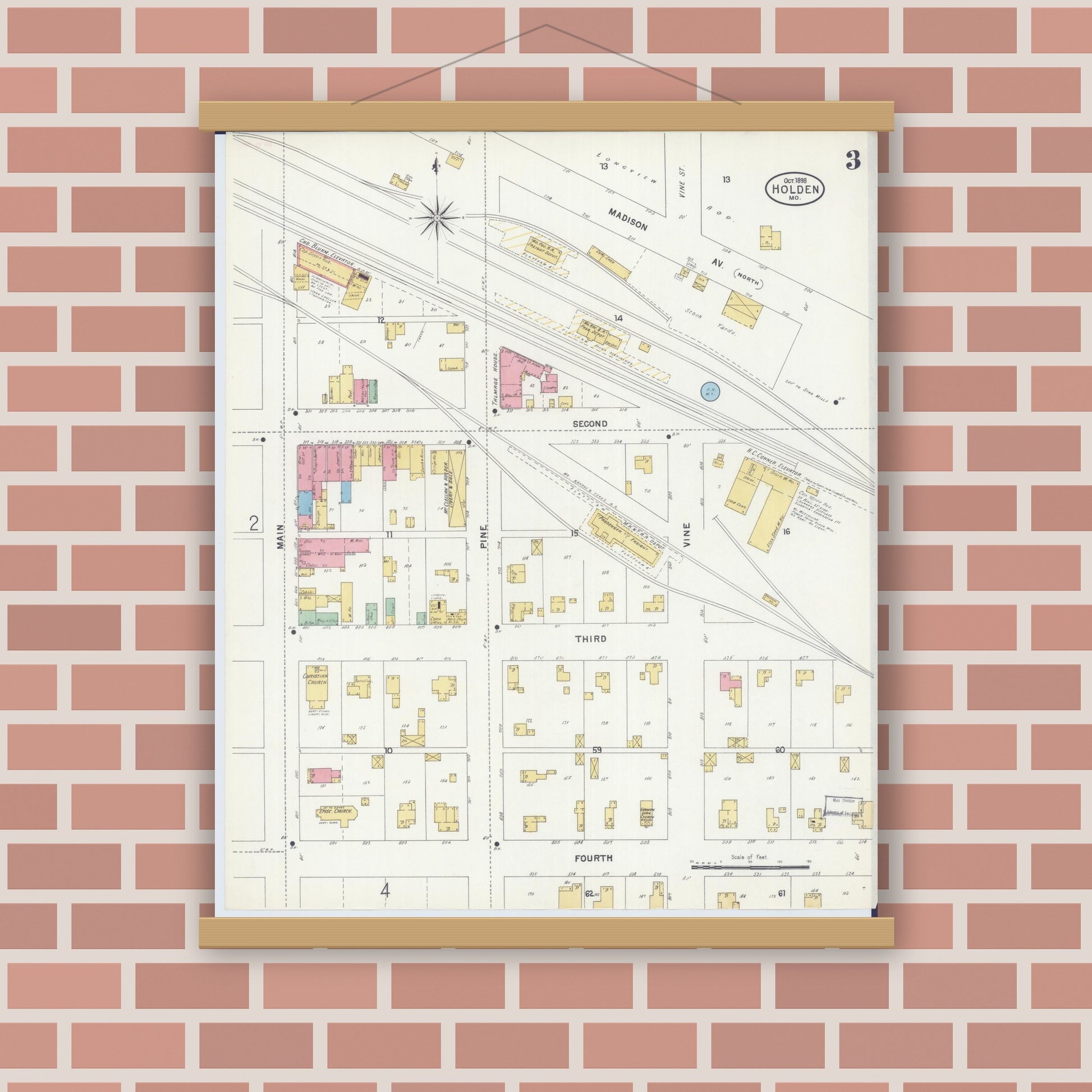 Old map wall art mockup — magnetic wood frame on brick wall — Sanborn Fire Insurance Map from Holden, Johnson County, Missouri (1898), Sheet #0003