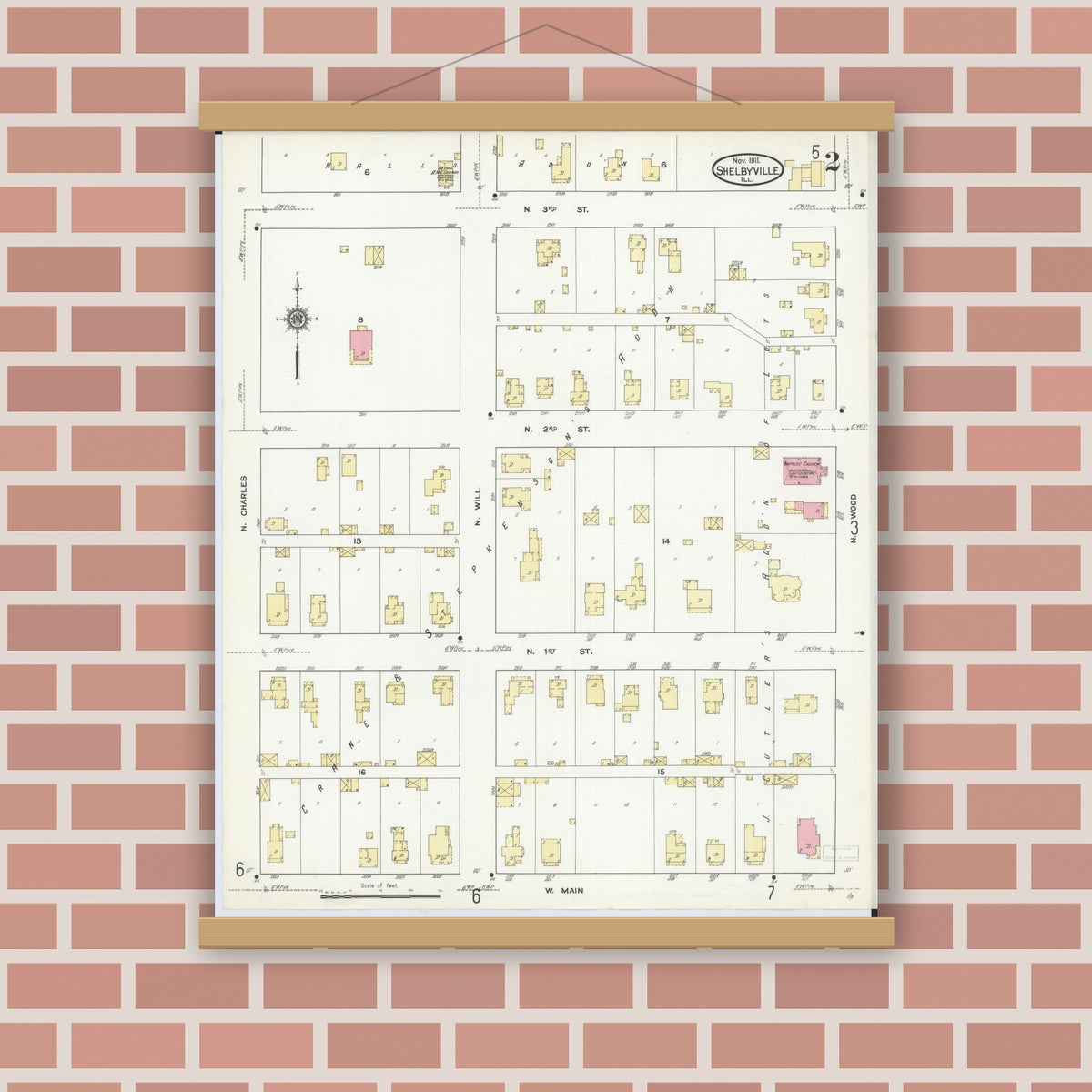 Old map wall art mockup — magnetic wood frame on brick wall — Sanborn Fire Insurance Map from Shelbyville, Shelby County, Illinois (1911), Sheet #0002